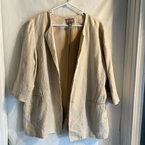 Chicos Beige Linen Metallic‎ Shimmer Open Front Lined Blazer XL Coastal Neutral